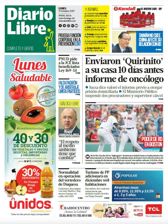 Portada Periódico Diario Libre, Lunes 09 de Octubre 2017