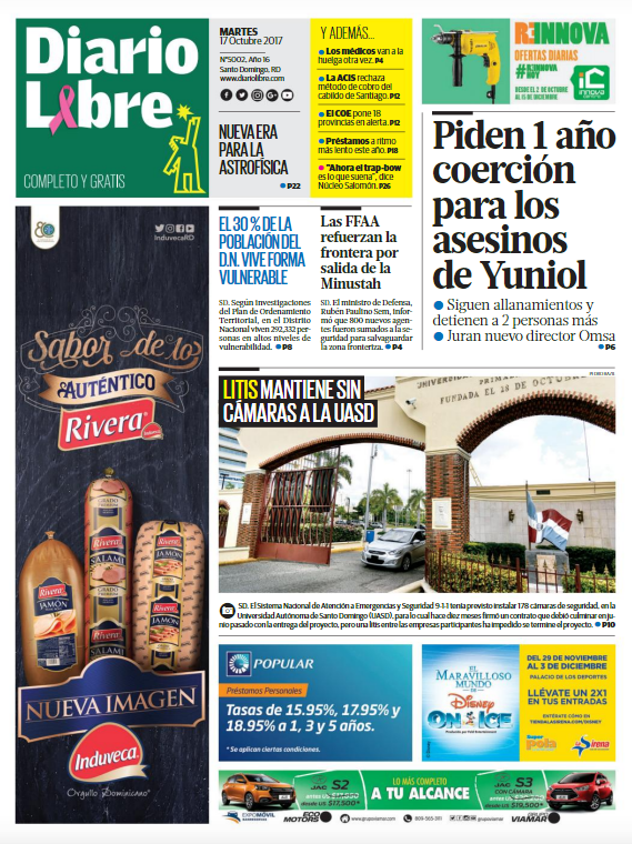 Portada Periódico Diario Libre, Martes 17 de Octubre 2017