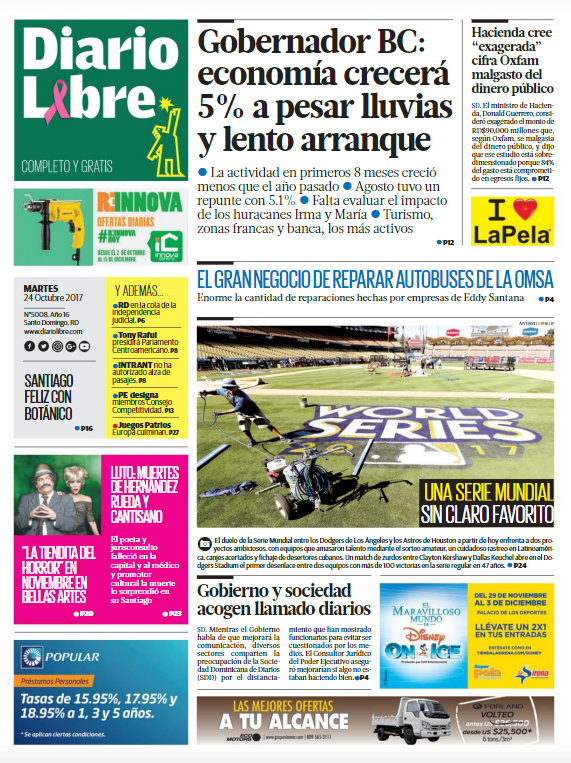 Portada Periódico Diario Libre, Martes 24 de Octubre 2017