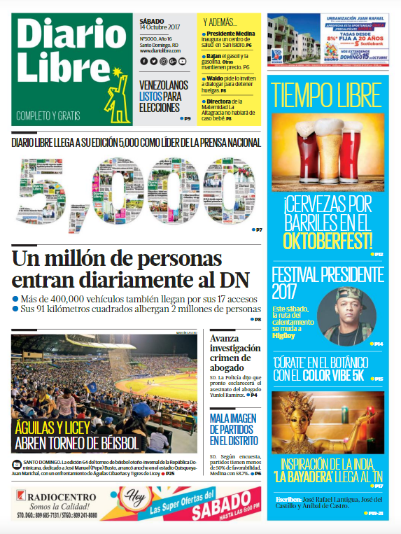 Portada Periódico Diario Libre, Sábado 14 de Octubre 2017
