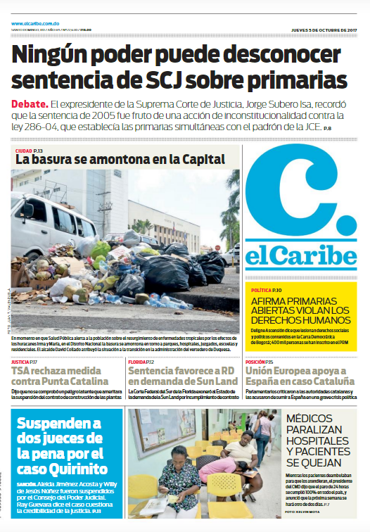Portada Periódico El Caribe, Jueves 05 de Octubre 2017