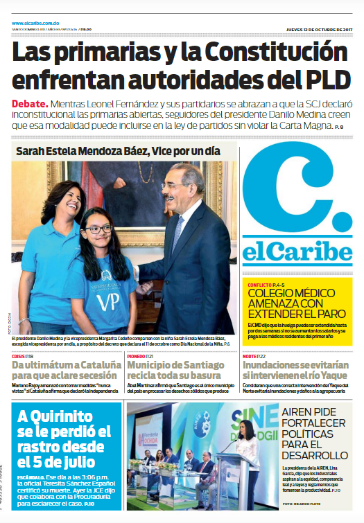 Portada Periódico El Caribe, Jueves 12 de Octubre 2017