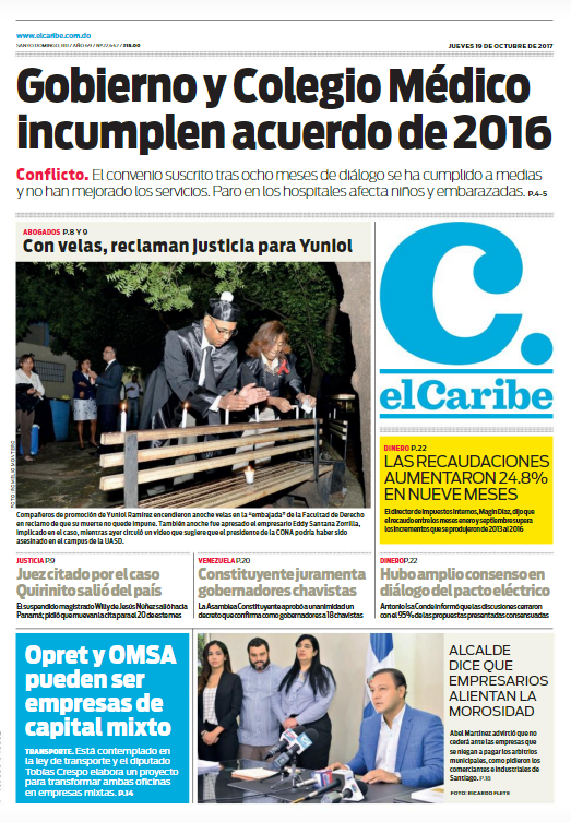 Portada Periódico El Caribe, Jueves 19 de Octubre 2017