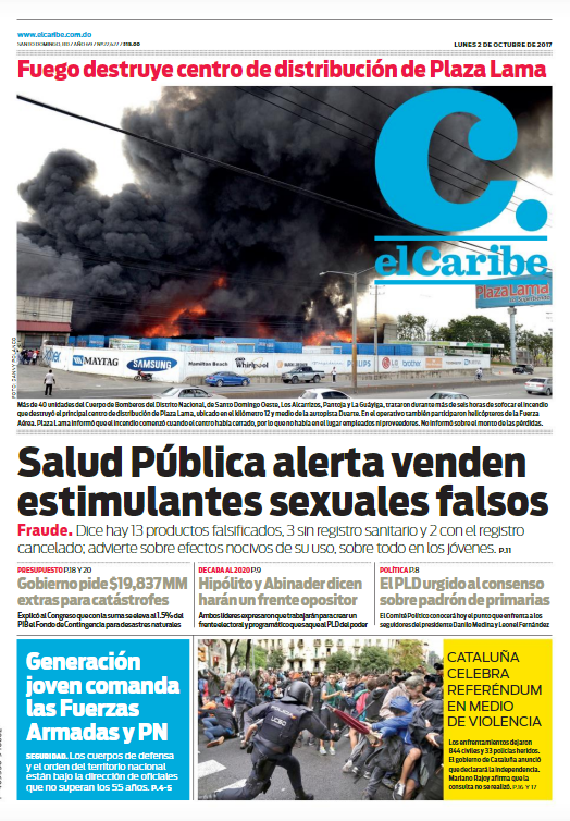 Portada Periódico El Caribe, Lunes 02 de Octubre 2017