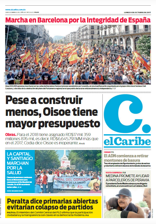 Portada Periódico El Caribe, Lunes 09 de Octubre 2017