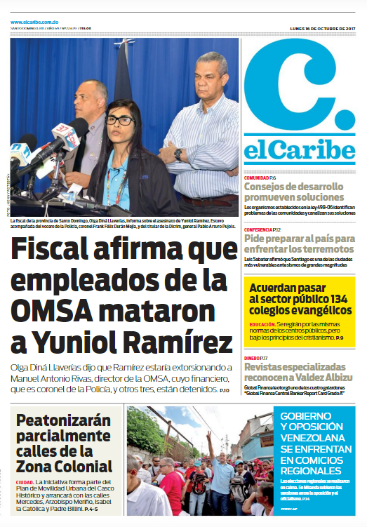 Portada Periódico El Caribe, Lunes 16 de Octubre 2017