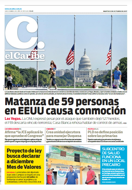 Portada Periódico El Caribe, Martes 03 de Octubre 2017