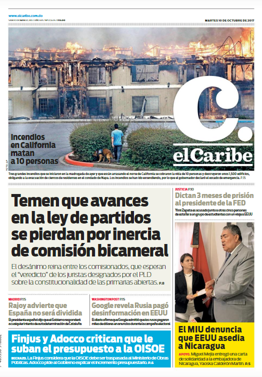 Portada Periódico El Caribe, Martes 10 de Octubre 2017