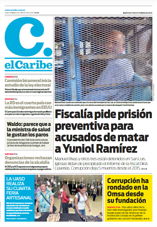 Portada Periódico El Caribe, Martes 17 de Octubre 2017
