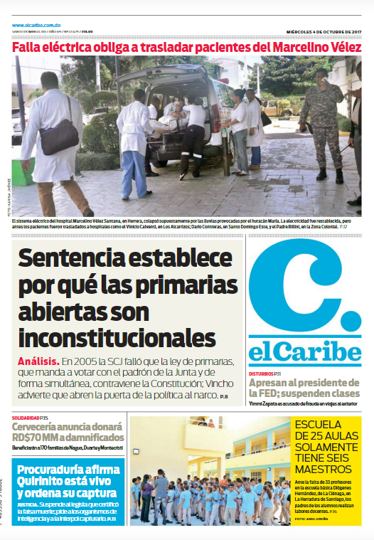 Portada Periódico El Caribe, Miércoles 04 de Octubre 2017
