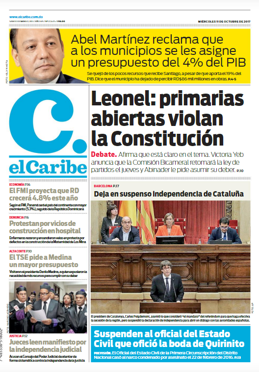 Portada Periódico El Caribe, Miércoles 11 de Octubre 2017
