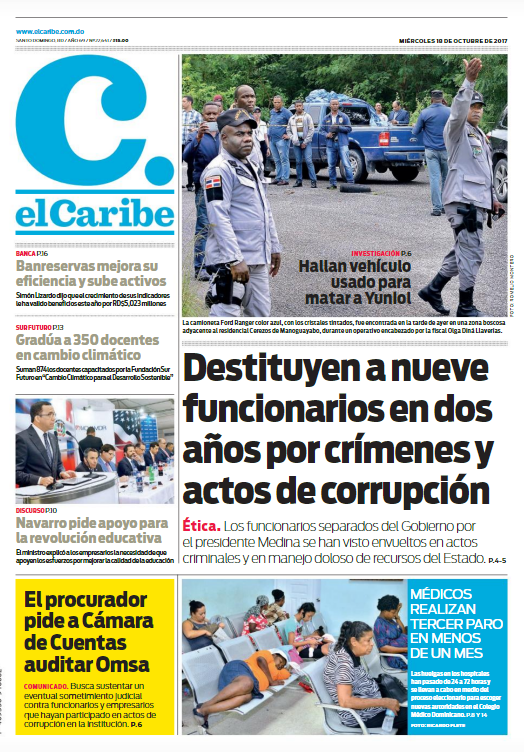 Portada Periódico El Caribe, Miércoles 18 de Octubre 2017