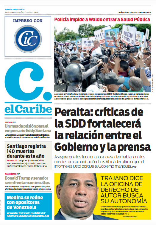 Portada Periódico El Caribe, Miércoles 25 de Octubre 2017