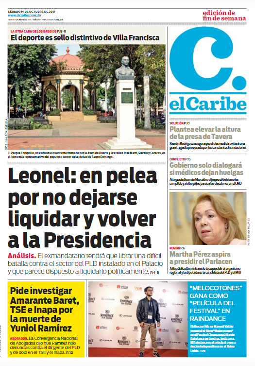 Portada Periódico El Caribe, Sábado 14 de Octubre 2017