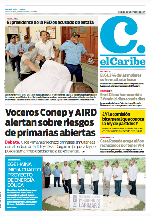 Portada Periódico El Caribe, Viernes 06 de Octubre 2017