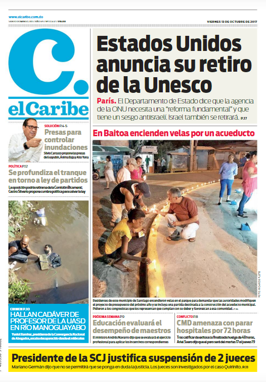 Portada Periódico El Caribe, Viernes 13 de Octubre 2017