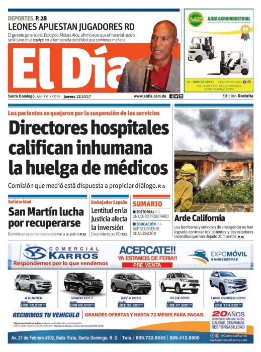 Portada Periódico El Día, Jueves 12 de Octubre 2017
