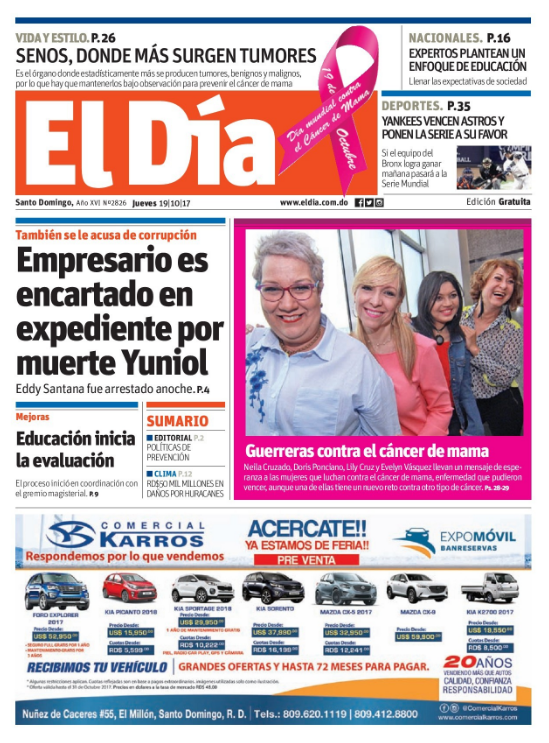 Portada Periódico El Día, Jueves 19 de Octubre 2017