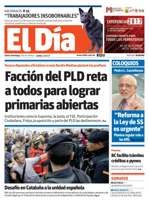 Portada Periódico El Día, Lunes 02 de Octubre 2017