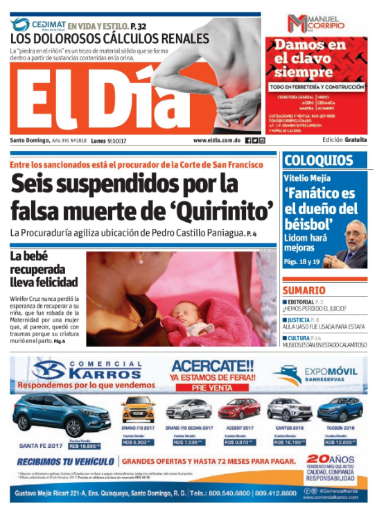 Portada Periódico El Día, Lunes 09 de Octubre 2017