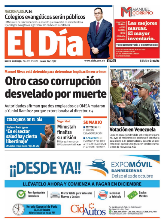 Portada Periódico El Día, Lunes 16 de Octubre 2017