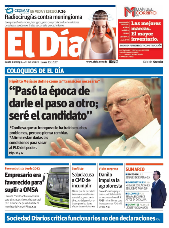 Portada Periódico El Día, Lunes 23 de Octubre 2017