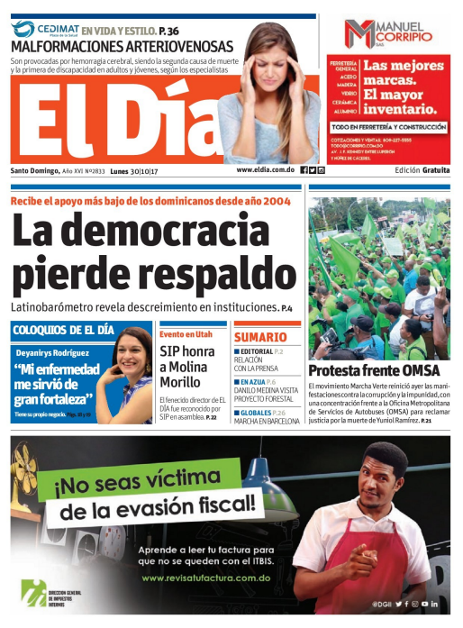 Portada Periódico El Día, Lunes 30 de Octubre 2017