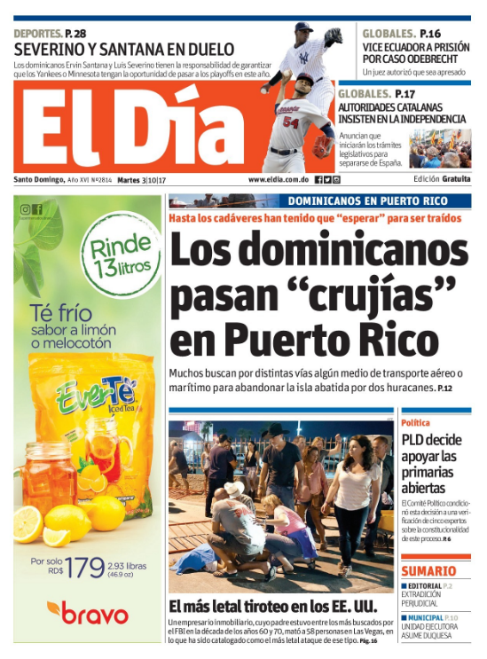 Portada Periódico El Día, Martes 03 de Octubre 2017