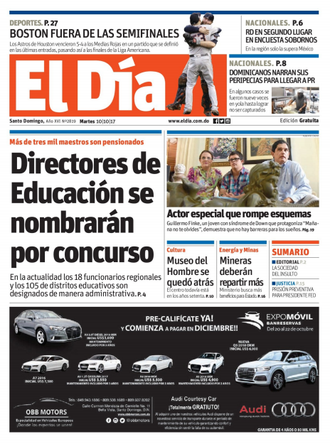 Portada Periódico El Día, Martes 10 de Octubre 2017