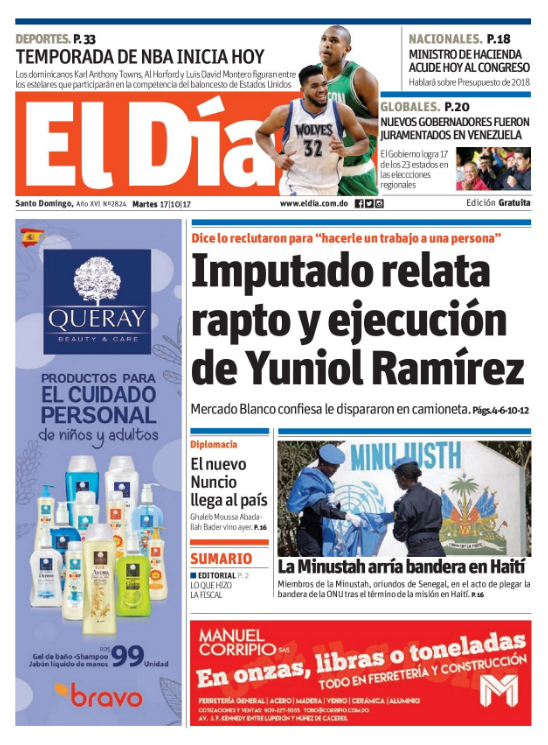Portada Periódico El Día, Martes 17 de Octubre 2017