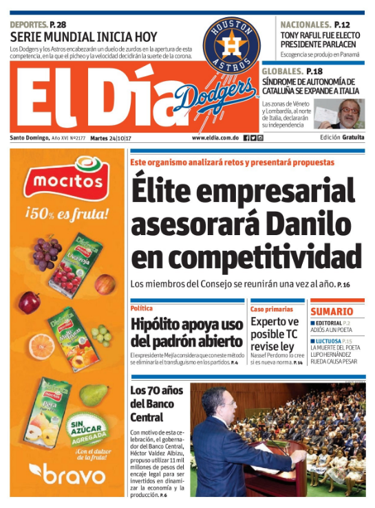 Portada Periódico El Día, Martes 24 de Octubre 2017