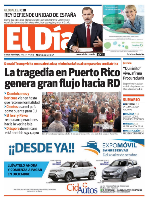 Portada Periódico El Día, Miércoles 04 de Octubre 2017