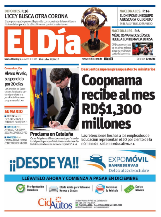 Portada Periódico El Día, Miércoles 11 de Octubre 2017