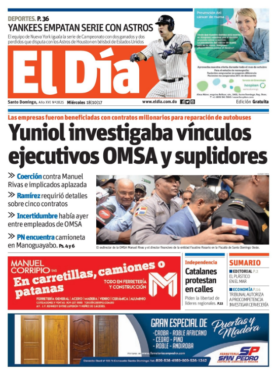 Portada Periódico El Día, Miércoles 18 de Octubre 2017