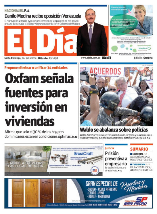 Portada Periódico El Día, Miércoles 25 de Octubre 2017