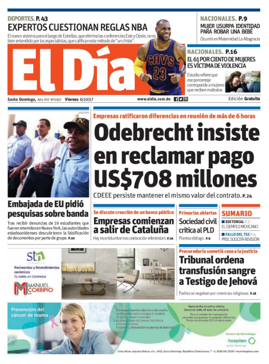 Portada Periódico El Día, Viernes 06 de Octubre 2017