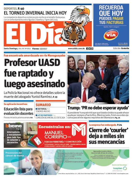 Portada Periódico El Día, Viernes 13 de Octubre 2017