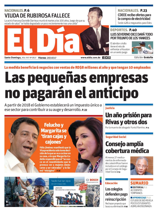 Portada Periódico El Día, Viernes 20 de Octubre 2017