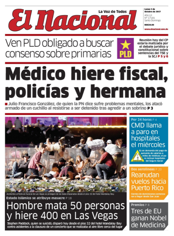 Portada Periódico El Nacional, Lunes 02 de Octubre 2017