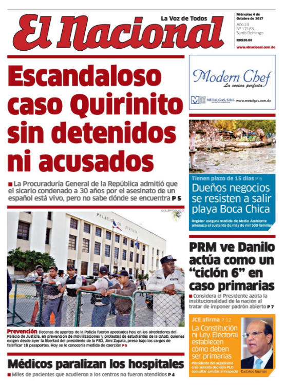 Portada Periódico El Nacional, Miércoles 04 de Octubre 2017