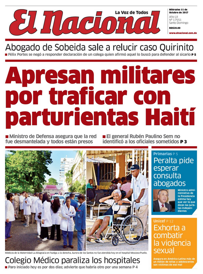 Portada Periódico El Caribe, Miércoles 11 de Octubre 2017