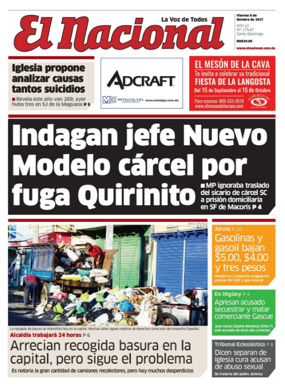 Portada Periódico El Nacional, Viernes 06 de Octubre 2017