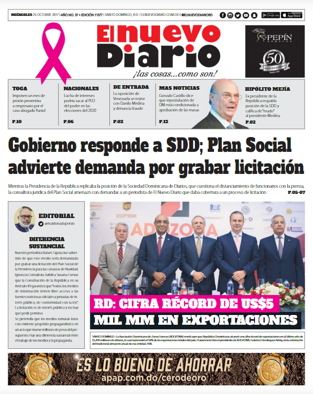 Portada Periódico El Nuevo Diario, Miércoles 25 de Octubre 2017