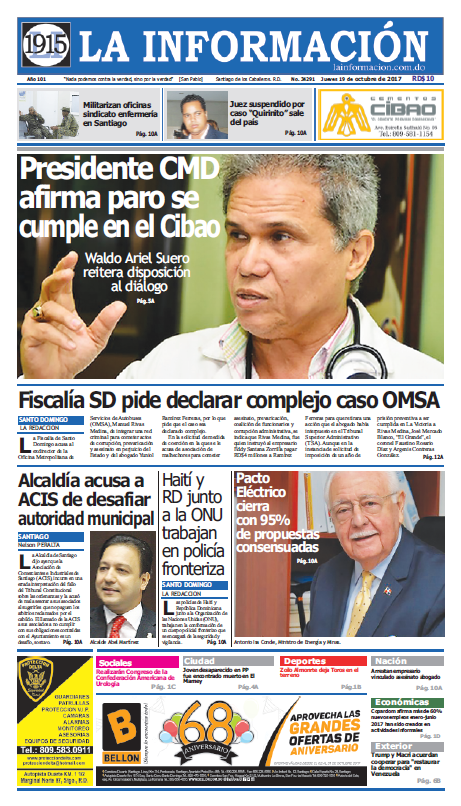 Portada Periódico La Información, Jueves 19 de Octubre 2017