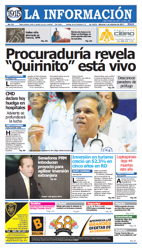 Portada Periódico La Información, Miércoles 04 de Octubre 2017