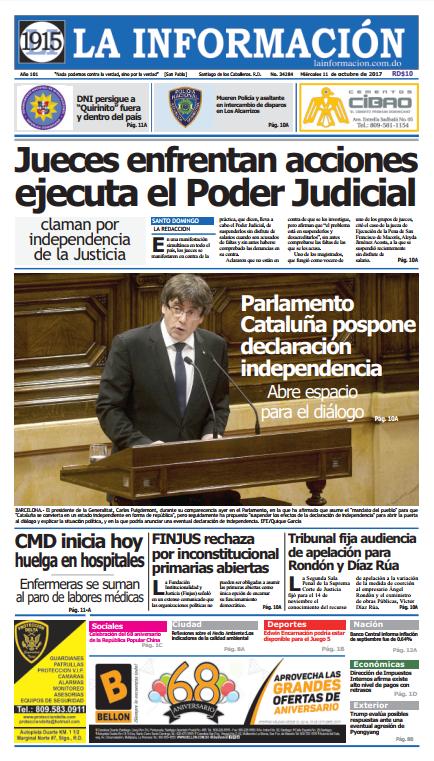 Portada Periódico La Información, Miércoles 11 de Octubre 2017