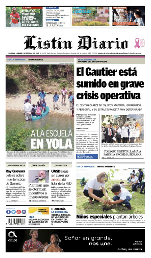 Portada Periódico Listín Diario, Jueves 05 de Octubre 2017