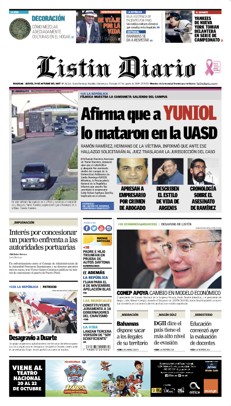 Portada Periódico Listín Diario, Jueves 19 de Octubre 2017