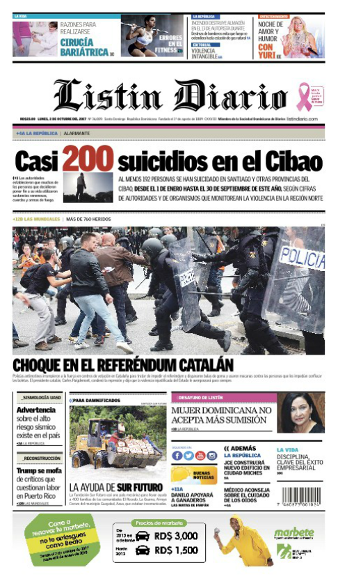 Portada Periódico Listín Diario, Lunes 02 de Octubre 2017