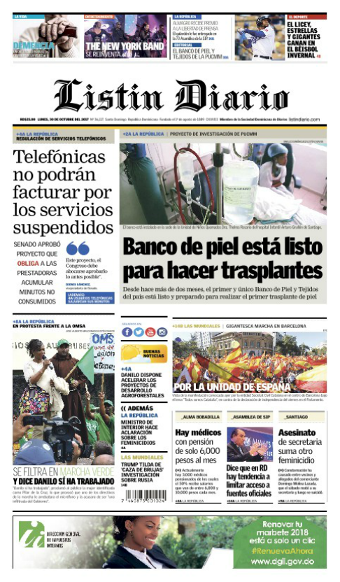 Portada Periódico Listín Diario, Lunes 30 de Octubre 2017
